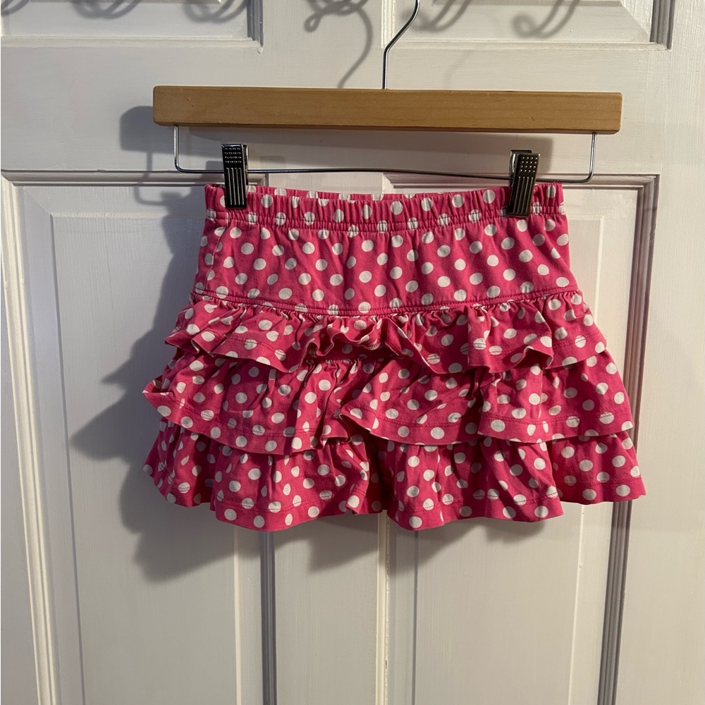 Hanna Andersson girls ruffle skort in pink and white polka dots, size 110/ 5